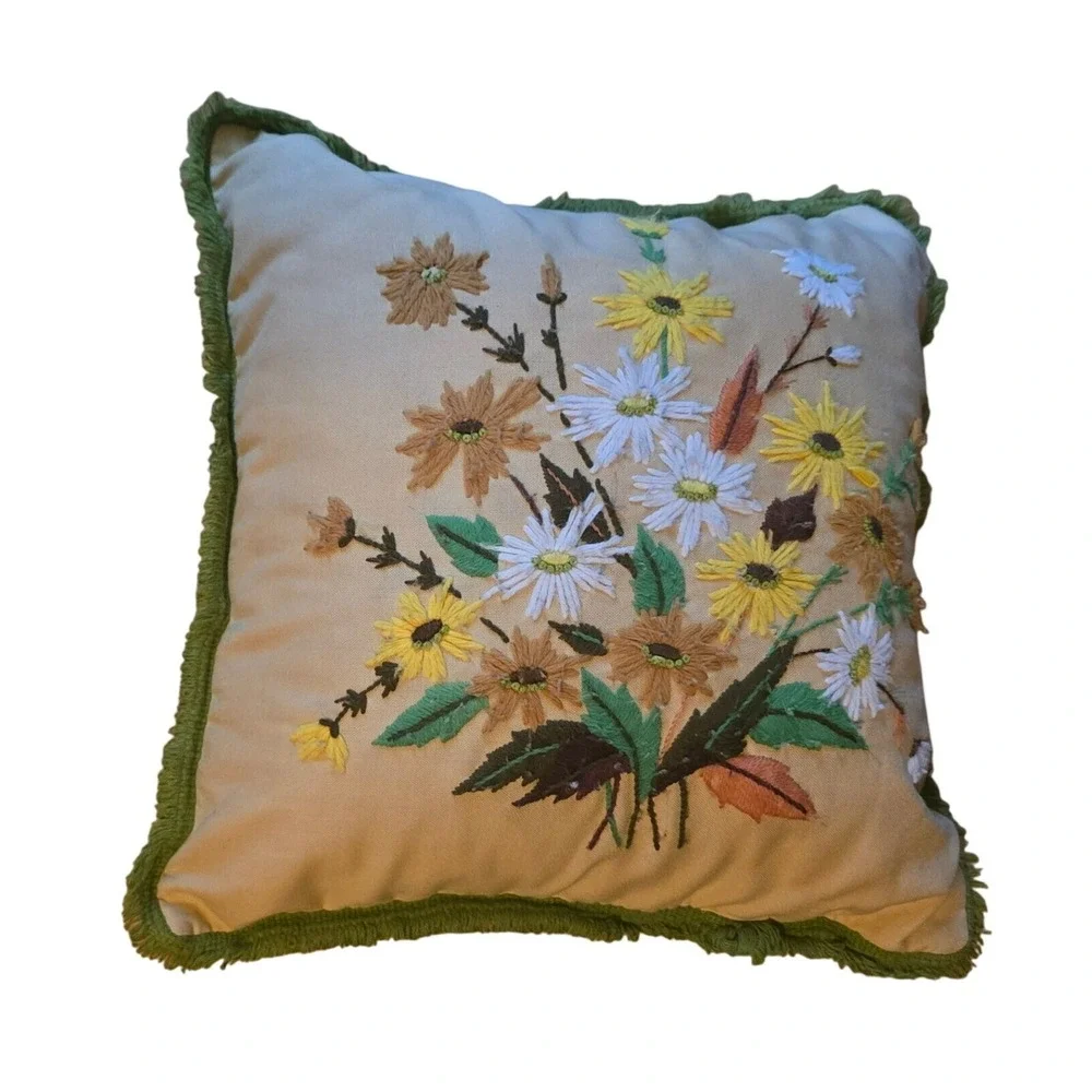 Vintage Crewel Embroidery Floral Throw Pillow Green Fringe Trim Boho 16x16